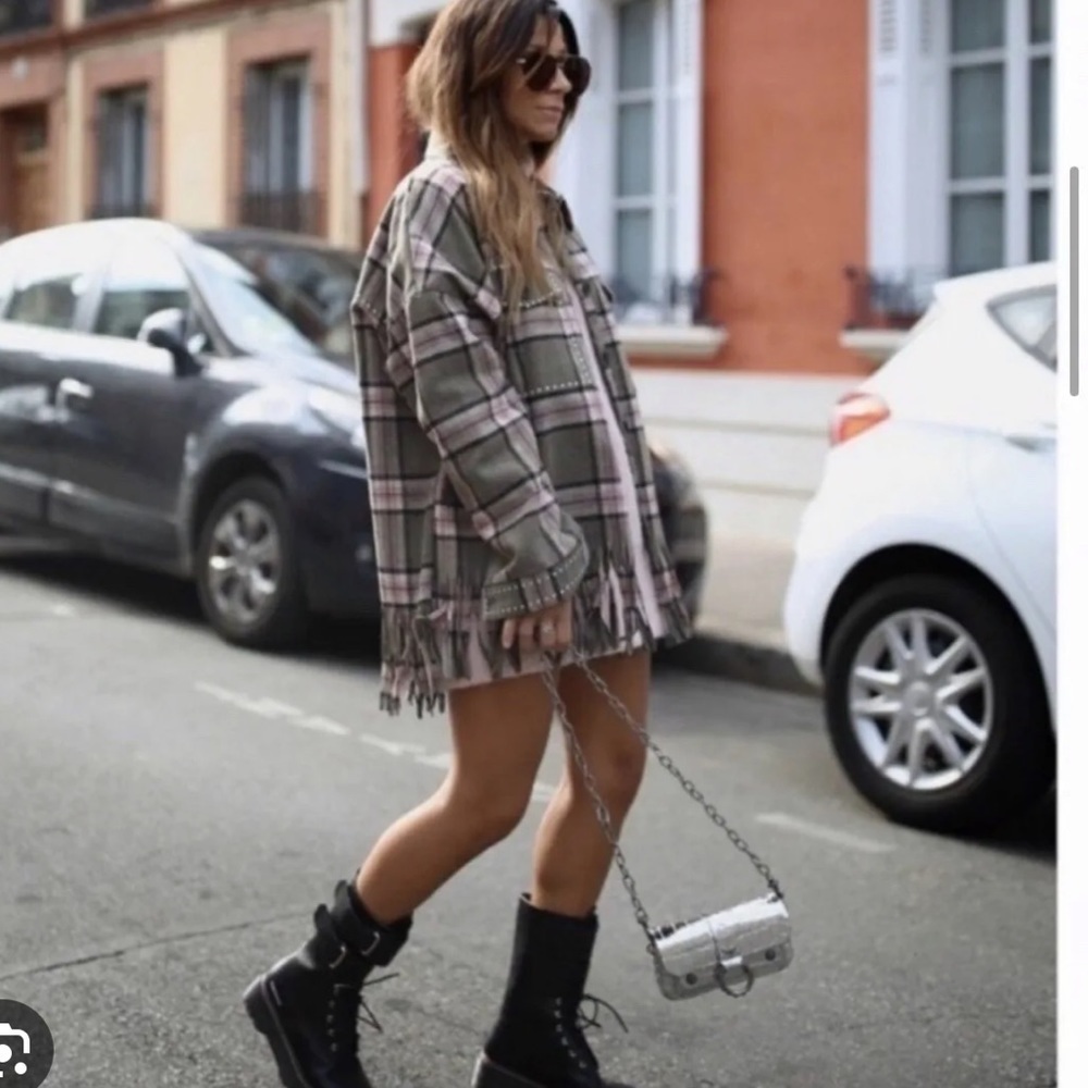 Zara Plaid Oversized Fringe Linen Button Down Shirt